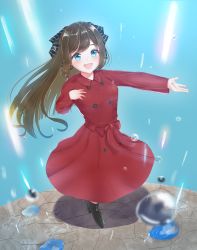 Rule 34 | 1girl, absurdres, aqua eyes, artist name, artist request, audrey (love live!), belt, black bow, black footwear, blue eyes, blush, boots, bow, bow hairband, breasts, brown hair, bubble, buttons, coat, collared coat, dress, female focus, floating hair, full body, hair between eyes, hair bow, hairband, half updo, hand on own chest, high ponytail, highres, long hair, long sleeves, looking at viewer, love live!, love live! nijigasaki high school idol club, love live! school idol festival, miniskirt, osaka shizuku, outdoors, parted lips, plaid, plaid skirt, pleated, pleated skirt, ponytail, rain, reaching, reaching towards viewer, red belt, red bow, red coat, red dress, red ribbon, red skirt, ribbon, sidelocks, skirt, smile, solo, standing, striped, striped bow, trench coat, wavy hair, white bow, wing collar
