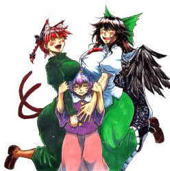 Rule 34 | 3girls, ^ ^, animal ears, bird wings, black wings, blouse, blush, bow, braid, breast rest, breasts, breasts on head, brown hair, cape, cat ears, cat tail, closed eyes, cowboy shot, dress, extra ears, fangs, girl sandwich, green bow, green dress, green skirt, hair between eyes, hair bow, hairband, half-closed eyes, hand on another&#039;s arm, hands up, happy, heart, height difference, huge breasts, kaenbyou rin, komeiji satori, koyubi (littlefinger1988), large breasts, long dress, long hair, long skirt, long sleeves, multiple girls, multiple tails, nekomata, open mouth, pantyhose, parted lips, pink skirt, puffy short sleeves, puffy sleeves, purple eyes, purple hair, purple shirt, red eyes, red hair, reiuji utsuho, sandwiched, shirt, short hair, short sleeves, simple background, skirt, smile, standing, starry sky print, tail, third eye, touhou, twin braids, white background, white cape, white shirt, wide sleeves, wings