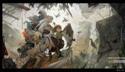 Rule 34 | 3girls, absurdres, action, arknights, battle, bird, blonde hair, bob cut, breath weapon, breathing fire, brown hair, brush stroke, crow, doctor (arknights), drone, feather hair, fire, glasses, highres, horns, ifrit (arknights), multiple girls, platinum blonde hair, red eyes, ruins, saria (arknights), shield, shipping container, shorts, sign, silence (arknights), singlet, sweater, wings, yellow eyes, zzz (orchid-dale)