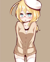 Rule 34 | 10s, 1girl, ahoge, aqua eyes, blonde hair, blush, breasts, glasses, hands in pockets, hat, i-8 (kancolle), i.u.y, kantai collection, looking at viewer, low twintails, peaked cap, simple background, solo, sweater, thighhighs, twintails