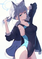 Rule 34 | 1girl, animal ear fluff, animal ears, arm behind head, arm up, arms up, bare arms, black jacket, blue archive, blue eyes, blue one-piece swimsuit, blush, breasts, cat ears, closed mouth, competition swimsuit, covered navel, cowboy shot, cross hair ornament, grey hair, hair ornament, halo, highleg, highleg swimsuit, highres, holding, holding own hair, jacket, long sleeves, looking at viewer, medium breasts, miso (misomiso 154), one-piece swimsuit, open clothes, open jacket, parted lips, ponytail, shiroko (blue archive), shiroko (swimsuit) (blue archive), sidelocks, simple background, solo, standing, swimsuit, thighs, two-tone swimsuit, white background
