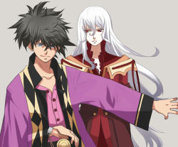 00s 2boys bad_id bad_pixiv_id black_hair blue_eyes duke_pantarei enomoto_(luck-by-luck) long_hair male_focus multiple_boys ponytail raven_(tales) red_eyes silver_hair simple_background smile tales_of_(series) tales_of_vesperia