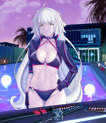 Rule 34 | abs, absurdres, ahoge, bikini, black choker, breasts, candle, choker, cleavage, fate/grand order, fate (series), floating lights, flower, gloves, highres, house, jacket, jeanne d&#039;arc alter (swimsuit berserker) (fate), jeanne d&#039;arc (fate), jeanne d&#039;arc alter (fate), jeanne d&#039;arc alter (swimsuit berserker) (fate), katana, large breasts, long hair, looking at viewer, o-ring, o-ring bikini, palm tree, pool, poolside, quatthro, rose, solo, stomach, swimsuit, sword, tree, very long hair, weapon, white hair, yellow eyes