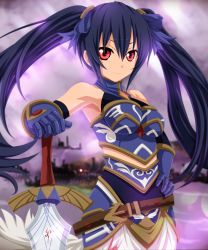 Rule 34 | 10s, 1girl, absurdres, armor, bare shoulders, black hair, breasts, derivative work, gradient background, hair ornament, hair ribbon, highres, long hair, neptune (series), noire (neptunia), planeptune, red eyes, ribbon, solo, sword, twintails, weapon