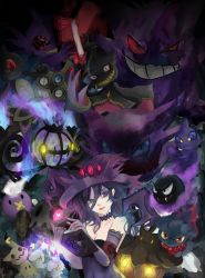 Rule 34 | 1girl, armband, banette, bare shoulders, book, breasts, chandelure, choker, cleavage, closed mouth, cosplay, creatures (company), crossover, dark, drifloon, duskull, elbow gloves, emblem, english text, fire, game freak, gastly, gen 1 pokemon, gen 2 pokemon, gen 3 pokemon, gen 4 pokemon, gen 5 pokemon, gen 6 pokemon, gen 7 pokemon, gengar, ghost, gloves, glowing, glowing eye, grimoire, hat, haunter, heart, highres, holding, holding book, honedge, lace, lace-trimmed gloves, lace trim, litwick, looking at viewer, mimikyu, misdreavus, mismagius, mismagius (cosplay), nintendo, oka ruto (yandere simulator), open book, pentagram, pokemon, pumpkaboo, purple eyes, purple gloves, purple hair, purple hat, red lips, sableye, shuppet, smile, upper body, valeera, witch hat, yamask, yandere simulator