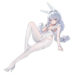 Rule 34 | 1girl, alios arvin, animal ear fluff, animal ears, azur lane, bare shoulders, between breasts, blue eyes, blunt bangs, braid, breasts, choker, closed mouth, commentary, english commentary, expressionless, eyelashes, frills, full body, hair ornament, high heels, highleg, highleg leotard, knee up, le malin (azur lane), le malin (listless lapin) (azur lane), leotard, looking at viewer, official alternate costume, simple background, small breasts, solo, symbol-shaped pupils, thigh strap, twin braids, white background, white choker, white hair, white legwear, white leotard, wrist cuffs
