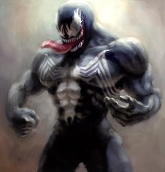 Rule 34 | 1boy, abs, clenched hand, cowboy shot, fang, klyntar, male focus, manly, marvel, muscular, solo, spider-man, spider-man (series), symbiote, tongue, venom (marvel), yona