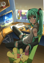 Rule 34 | 1girl, aqua eyes, aqua hair, aqua necktie, bad id, bad pixiv id, bare shoulders, black skirt, black sleeves, black thighhighs, window blinds, book, box, cabinet, cable, chair, chinese commentary, commentary, computer, corner, crystal ball, desk, detached sleeves, eating, food, food in mouth, grey shirt, hair ornament, hard drive, hatsune miku, holding, holding box, indoors, interior, long hair, looking at viewer, miniskirt, mirror, monitor, mouse (computer), mousepad, mousepad (object), necktie, notepad, pocky, qian mou liang, room, shirt, shoulder tattoo, sitting, skirt, sleeveless, sleeveless shirt, solo, stuffed animal, stuffed toy, tattoo, teddy bear, thighhighs, twintails, very long hair, vocaloid, window, zettai ryouiki