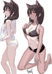 Rule 34 | 1girl, animal ears, artist name, ass, black bra, bra, breasts, brown hair, cat ears, cleavage, commentary request, contrapposto, fkey, from side, hair between eyes, hair over shoulder, hand on own chest, highres, kneeling, long hair, looking at viewer, medium breasts, multiple views, navel, one-piece tan, open fly, open pants, original, panties, pants, red eyes, see-through, short shorts, shorts, simple background, sketch, tan, tank top, tanline, thighs, underwear, underwear only, white background, white panties
