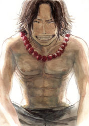 Rule 34 | 1boy, beads, chikama (minka), freckles, jewelry, male focus, necklace, one piece, painting (medium), portgas d. ace, topless male, smile, solo, traditional media, watercolor (medium)