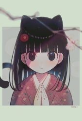 Rule 34 | 1girl, animal ears, black eyes, black hair, blunt bangs, branch, cat ears, cat tail, cherry blossoms, expressionless, floral print, flower, hair flower, hair ornament, highres, japanese clothes, kimono, looking at viewer, medium hair, original, own hands clasped, own hands together, print kimono, rabiyamarabi, signature, solo, tail, upper body
