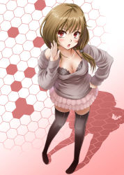 Rule 34 | 1girl, anti (untea9), arm up, black thighhighs, blush, bra, breasts, brown hair, cleavage, collarbone, from above, full body, hand on own hip, hip focus, honeycomb (pattern), honeycomb background, large breasts, lingerie, long sleeves, looking at viewer, open mouth, original, red eyes, short hair, skirt, solo, standing, thighhighs, underwear