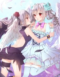 Rule 34 | 10s, 2girls, angel wings, bad id, bad pixiv id, canape (canape0130), dress, drill hair, dual persona, idolmaster, idolmaster cinderella girls, kanzaki ranko, long hair, multiple girls, open mouth, red eyes, rosenburg engel, silver hair, thighhighs, twin drills, twintails, wings
