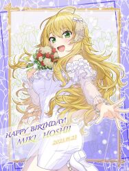 Rule 34 | 1girl, ahoge, blonde hair, blush, bouquet, bow, bracelet, breasts, character name, commentary, dated, dress, floral background, flower, frilled dress, frills, green eyes, hair bow, happy birthday, highres, holding, holding bouquet, hoshii miki, idolmaster, idolmaster (classic), jewelry, leg up, long hair, long sleeves, looking at viewer, medium breasts, open mouth, pantyhose, purple background, see-through, see-through sleeves, shiro (ongrokm), sidelocks, smile, solo, white bow, white dress, white footwear, white pantyhose