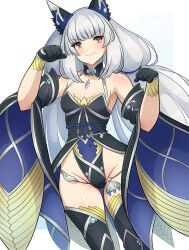 Rule 34 | &gt;:), 1girl, animal ear fluff, animal ears, black gloves, black leotard, black sleeves, black thighhighs, brown eyes, closed mouth, commentary request, detached sleeves, gloves, grey hair, groin, hands up, highres, leotard, long hair, long sleeves, looking at viewer, low twintails, nia (blade) (xenoblade), nia (xenoblade), paw pose, smile, solo, thighhighs, twintails, twitter username, v-shaped eyebrows, very long hair, white background, wide sleeves, xenoblade chronicles (series), xenoblade chronicles 2, yaizaberry
