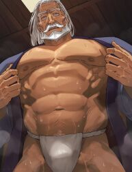 Rule 34 | 1boy, abs, bara, bare pectorals, blue eyes, bulge, cowboy shot, dark-skinned male, dark skin, from below, fundoshi, highres, japanese clothes, jp (street fighter), large pectorals, looking at viewer, male focus, mature male, messy hair, muscular, muscular male, navel, nipples, old, old man, pectorals, revision, sa1k0p, solo, standing, stomach, street fighter, street fighter 6, strongman waist, sweat, thick eyebrows, thick mustache, thick thighs, thighs, undressing, veiny crotch, very sweaty, white hair