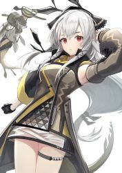 Rule 34 | 1girl, arknights, black gloves, brown dress, brown sleeves, commentary, cowboy shot, detached sleeves, dress, gloves, headgear, highres, leaf (arknights), long hair, looking at viewer, low ponytail, nokke o, red eyes, see-through, silver hair, simple background, single glove, tail, thigh strap, very long hair, weedy (arknights), white background