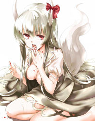 Rule 34 | 1girl, bad id, bad pixiv id, blood, blood on breasts, blood on hands, breasts, cleavage, ex-keine, female focus, hand to own mouth, horn ornament, horn ribbon, horns, kamishirasawa keine, large breasts, licking, licking finger, long hair, looking at viewer, open clothes, open mouth, open shirt, puffy sleeves, red eyes, ribbon, shirt, short sleeves, silver hair, simple background, sitting, skirt, skirt set, solo, tail, takemori shintarou, touhou, very long hair, vest, white background