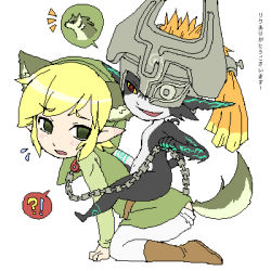 Rule 34 | !?, 1boy, 1girl, anal tail, animal ears, blonde hair, butt plug, chain, crossover, fake tail, femdom, hat, helmet, leash, link, lowres, midna, nintendo, oekaki, pointy ears, red eyes, sex toy, smile, straddling, tail, the legend of zelda, the legend of zelda: twilight princess, toon link, translation request