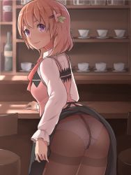 Rule 34 | 1girl, ass, bdsm, black skirt, blush, bondage, bottle, bound, brown pantyhose, cafe, clothes lift, coffee cup, counter, crotch rope, cup, disposable cup, from behind, gochuumon wa usagi desu ka?, hair ornament, hairclip, highres, hoto cocoa, indoors, light smile, long sleeves, looking at viewer, looking back, orange hair, panties, panties under pantyhose, pantyhose, plate, purple eyes, rabbit house uniform, rope, saucer, shelf, shibari, shibari under clothes, shirt, skirt, skirt lift, solo, stool, sweatdrop, teacup, thighband pantyhose, underwear, uniform, unusablenameaaa, vest, white panties, white shirt