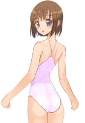 Rule 34 | 1girl, ass, back, blue eyes, brown hair, casual one-piece swimsuit, female focus, from behind, kusaka souji, looking back, one-piece swimsuit, original, short hair, simple background, sketch, smile, solo, swimsuit, white one-piece swimsuit
