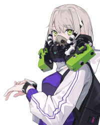 Rule 34 | 1girl, from side, gas mask, green eyes, highres, hood, hoodie, jacket, looking at viewer, mask, mouth mask, nuo nuomi ci, original, smartwatch, solo, track jacket, upper body, watch, white background, white hair, wristwatch