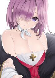 Rule 34 | 1girl, aiguillette, azur lane, bare shoulders, breasts, cleavage, coat, dress, fur-trimmed coat, fur trim, hair over one eye, looking at viewer, medium breasts, medium hair, ootani nonno, open clothes, open coat, penelope (azur lane), purple eyes, purple hair, red dress, simple background, solo, strapless, upper body, white background, white neckwear