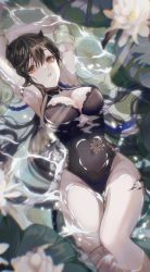 Rule 34 | 1girl, absurdres, arknights, arms up, black hair, black skirt, blacknight (arknights), blacknight (summer flower) (arknights), breasts, brown eyes, casual one-piece swimsuit, cleavage, covered navel, feet out of frame, flower, highres, horns, large breasts, leaf, lotus, official alternate costume, one-piece swimsuit, pipixiannugu, skirt, solo, swimsuit, thigh gap, thighs, water, wet, white flower