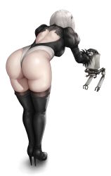 Rule 34 | 1girl, absurdres, ass, back cutout, bent over, boots, clothing cutout, feather-trimmed sleeves, hairband, headpat, high heel boots, high heels, highres, juliet sleeves, kurone rinka, leotard, long sleeves, md5 mismatch, nier:automata, nier (series), pod (nier:automata), puffy sleeves, resolution mismatch, robot, short hair, silver hair, simple background, source smaller, thigh boots, thighhighs, thighhighs under boots, third-party edit, 2b (nier:automata)