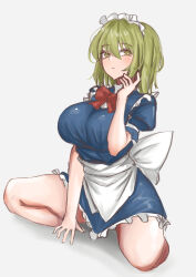 Rule 34 | 1girl, absurdres, arm support, back bow, blonde hair, blue dress, bow, bowtie, breasts, dress, full body, hand up, highres, kuraki, large breasts, light green hair, looking at viewer, maid headdress, mugetsu (touhou), red bow, red bowtie, short hair, simple background, sitting, solo, touhou, touhou (pc-98), wariza, white background, yellow eyes
