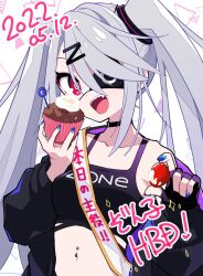 Rule 34 | 1girl, black choker, black jacket, blue nails, choker, crop top, cupcake, dated, dive to zone, eyepatch, food, fruit, hair between eyes, happy birthday, highres, holding, holding food, jacket, long hair, looking at viewer, mzh, navel piercing, open clothes, open jacket, open mouth, piercing, red eyes, sharp teeth, simple background, solo, strawberry, teeth, twintails, upper body, very long hair, zonko