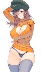 Rule 34 | 1girl, arm up, black panties, blue eyes, breasts, brown hair, cameltoe, cleavage, cleavage cutout, clothing cutout, commentary request, covered erect nipples, cowboy shot, curvy, green hat, grey thighhighs, hair over one eye, hat, head tilt, highres, kouno (masao), large breasts, lipstick, long hair, long sleeves, looking at viewer, makeup, mature female, mole, mole under eye, orange sweater, original, panties, parted lips, peaked cap, pink lips, simple background, skindentation, solo, sweater, thigh gap, thighhighs, turtleneck, turtleneck sweater, underwear, white hair