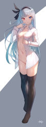 Rule 34 | 1girl, absurdres, arpeggio kaga, blue eyes, blush, breasts, collarbone, collared shirt, commentary request, dress shirt, finger to mouth, full body, grey hair, groin, hair ribbon, hairband, heterochromia, highres, long hair, long sleeves, looking at viewer, luminous valentine, medium breasts, naked shirt, navel, open clothes, open shirt, red eyes, ribbon, shirt, simple background, solo, standing, tensei shitara slime datta ken, thighhighs, two-tone background, very long hair, white shirt