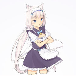 Rule 34 | 10s, 1girl, animal ear legwear, animal ears, apron, bad id, bad pixiv id, bell, blue eyes, bow, bowtie, cat ear legwear, cat ears, cat tail, chestnut mouth, cleavage cutout, clothing cutout, coffeiz p, cropped legs, crossed arms, flat chest, frilled apron, frills, highres, jingle bell, long hair, looking at viewer, low twintails, maid, maid apron, maid headdress, nekopara, puffy short sleeves, puffy sleeves, short sleeves, simple background, slit pupils, solo, tail, twintails, vanilla (nekopara), very long hair, waist apron, white background