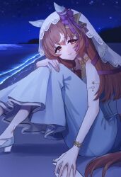 Rule 34 | 1girl, bare shoulders, brown hair, closed mouth, commentary request, dress, from side, hair ornament, head tilt, highres, holding hands, jewelry, looking at viewer, looking to the side, nakichi n, necklace, night, ocean, on ground, pov, pov hands, red eyes, sand, shoes, sitting, sky, smile, solo focus, star (sky), starry sky, still in love (umamusume), umamusume, veil