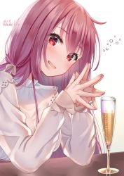 Rule 34 | 1girl, alcohol, artist name, blush, breasts, cup, drinking glass, drunk, fate/grand order, fate (series), hakuda tofu, highres, large breasts, long hair, long sleeves, looking at viewer, open mouth, purple hair, red eyes, scathach (fate), smile, squeans