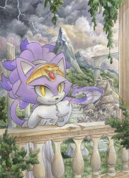 Rule 34 | 1girl, blaze the cat, dress, finik, forehead jewel, furry, furry female, gem, gloves, grey sky, highres, looking at viewer, outdoors, purple fur, red gemstone, sky, snake, solo, sonic (series), white dress, white gloves, yellow eyes