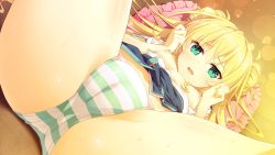 Rule 34 | 1girl, blonde hair, blush, breasts, breasts apart, breasts out, cameltoe, cleft of venus, double bun, embarrassed, female focus, freesia godspeed, from below, game cg, green eyes, groin, hair bun, hands up, indoors, kizuna kirameku koi iroha, legs, long hair, looking at viewer, lying, navel, nironiro, nose blush, open mouth, original, panties, pero, pillow, pussy, small breasts, solo, spread legs, striped clothes, striped panties, thighs, underwear