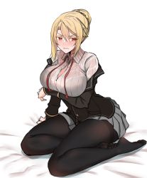 Rule 34 | 1girl, absurdres, angelica rapha redgrave, arm under breasts, black jacket, blonde hair, blouse, blush, breasts, collared shirt, commentary request, full-face blush, hair bun, highres, jacket, large breasts, neck ribbon, open clothes, open jacket, open mouth, otome game sekai wa mob ni kibishii sekai desu, pantyhose, red eyes, red ribbon, ribbon, school uniform, see-through, see-through shirt, shirt, single hair bun, sitting, skirt, solo, undone neck ribbon, v-shaped eyebrows, wenzheng147, white shirt