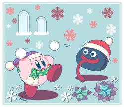 Rule 34 | arm up, artist name, beanie, blue background, blue eyes, blush, blush stickers, border, eye contact, full body, fur-trimmed headwear, fur trim, gooey (kirby), green scarf, happy, hat, highres, holding, holding snowball, kirby, kirby (series), leg up, long tongue, looking at another, miwa (ahyuck), motion lines, nintendo, no humans, open mouth, pom pom (clothes), purple headwear, red headwear, scarf, signature, slime (creature), smile, snowball, snowball fight, snowflakes, solid oval eyes, standing, standing on one leg, star (symbol), star print, throwing, tongue, tongue out, white border