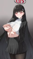 Rule 34 | 1girl, black hair, black pantyhose, black skirt, blue archive, blush, breasts, bright pupils, cowboy shot, gradient background, hair ornament, hairpin, halo, highres, kadokadokado, large breasts, long hair, looking at viewer, pantyhose, parted lips, pleated skirt, red eyes, ribbed sweater, ringed eyes, rio (blue archive), skirt, solo, sweater, very long hair, white pupils, white sweater