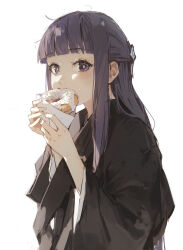 Rule 34 | 1girl, absurdres, blunt bangs, dino (dinoartforame), doughnut, eating, fern (sousou no frieren), food, highres, holding, holding food, light blush, long hair, looking at viewer, purple eyes, purple hair, sidelocks, simple background, solo, sousou no frieren, upper body, white background, wide sleeves