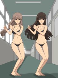 Rule 34 | 2girls, barefoot, bikini, black bikini, black eyes, black hair, bling-bang-bang-born (creepy nuts), blunt bangs, breasts, brown eyes, brown hair, cleavage, closed mouth, commentary, dancing, frown, girls und panzer, groin, half-closed eyes, hallway, highres, indoors, itou des, large breasts, long hair, looking at viewer, low-tied long hair, mature female, multiple girls, navel, nishizumi shiho, school, shimada chiyo, side-by-side, smile, standing, straight hair, swimsuit, window