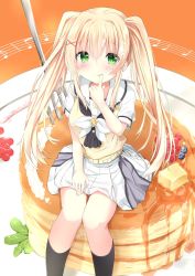 Rule 34 | 1girl, berry, blonde hair, blush, butter, character request, commentary request, food, fork, green eyes, hair between eyes, hair ornament, highres, kouda suzu, licking, licking finger, long hair, looking at viewer, musical note, pancake, petite, ribbon, school uniform, shirt, short sleeves, skirt, smile, solo, summer pockets, tsumugi wenders, twintails, very long hair, white ribbon, white shirt, x hair ornament