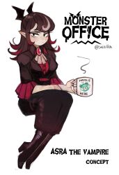 Rule 34 | 1girl, absurdres, ascot, asra (sui (suizilla)), black eyes, black skirt, boots, brooch, brown hair, character name, closed mouth, cup, full body, gradient hair, highres, holding, holding cup, invisible chair, jewelry, looking at viewer, mug, multicolored hair, original, simple background, sitting, skirt, solo, sui (suizilla), white ascot, white background