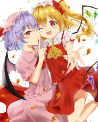 Rule 34 | 2girls, ascot, back bow, backlighting, bat wings, blonde hair, blue brooch, bow, brooch, cheek-to-cheek, collared shirt, cowboy shot, crystal, dutch angle, flandre scarlet, frilled ascot, frilled shirt collar, frilled sleeves, frills, hair bow, happy, hat, hat ribbon, heads together, highres, index finger raised, jewelry, kamachi (kamati0maru), large bow, leg up, long hair, looking at viewer, medium hair, mob cap, multicolored wings, multiple girls, nail polish, one eye closed, one side up, outstretched arm, outstretched hand, pink headwear, pink shirt, pink skirt, puffy short sleeves, puffy sleeves, purple hair, red ascot, red bow, red eyes, red nails, red ribbon, red skirt, red vest, remilia scarlet, ribbon, ribbon-trimmed headwear, ribbon-trimmed shirt, ribbon trim, shirt, short sleeves, shoulder-to-shoulder, siblings, simple background, sisters, skirt, skirt set, smile, touhou, vest, white background, white headwear, white shirt, wings, yellow ascot