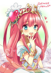 Rule 34 | 1girl, bare shoulders, blue eyes, blush, feathered wings, flower, hair flower, hair ornament, hair tubes, hand to own mouth, heart, hoshino (nia hoshino), jewelry, long hair, lots of jewelry, off shoulder, open mouth, pink hair, puzzle &amp; dragons, short sleeves, simple background, solo, text focus, tiara, twintails, upper body, venus (p&amp;d), white background, white wings, wings
