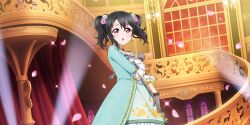 Rule 34 | 1girl, absurdres, ballroom, black hair, blush, choker, curtains, dress, earrings, falling petals, flower, frilled sleeves, frills, gloves, gown, hair flower, hair ornament, highres, indoors, jewelry, long hair, long sleeves, looking at viewer, love live!, love live! school idol festival all stars, official art, open mouth, petals, railing, red eyes, ribbon, rose, solo, stage lights, stairs, sunset, twintails, window, yazawa nico
