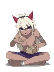 Rule 34 | 1girl, absurdres, barefoot, dark skin, dark-skinned female, eating, fake horns, feet, female focus, flat chest, food, food on face, highres, horns, indian style, kanon563, oni, oni horns, open mouth, original, purple eyes, setsubun, simple background, sitting, skirt, solo, soybean, toes, topless, white background