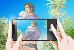 Rule 34 | 1boy, 2girls, aged down, beard, camera, camera lens, carrying, cellphone, child carry, closed eyes, delling rembran, facial hair, family, father and daughter, finger frame, grey eyes, grey hair, gundam, gundam suisei no majo, highres, horii kumi, miorine rembran, multiple girls, phone, sleeping, smartphone, smile